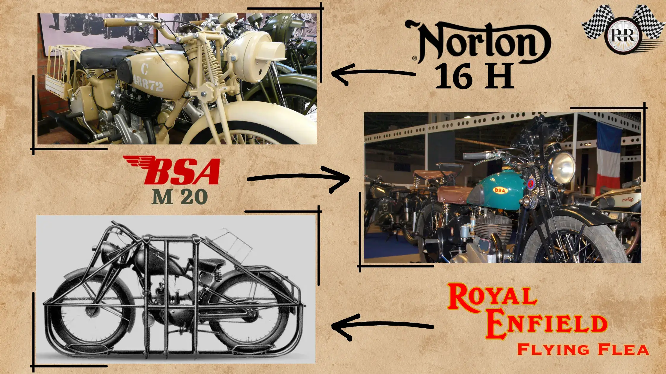 Norton 16H, BSA M20, Royal Enfield Flying flea